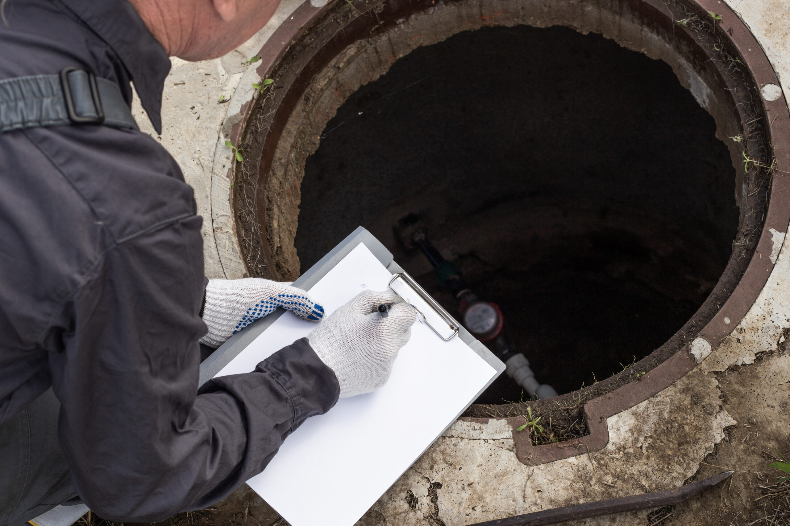 A male plumber near a water well records the measurements taken and the readings of the water meter inspekcja kanalizacji kamerą